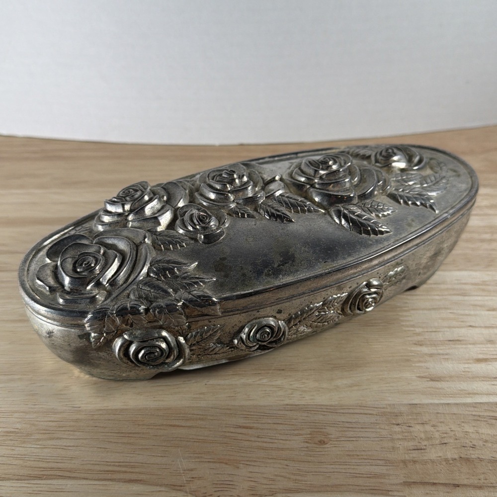Vintage Heavy  Jewelry Box Rose Design by Godinger Silver Art 3D Deco